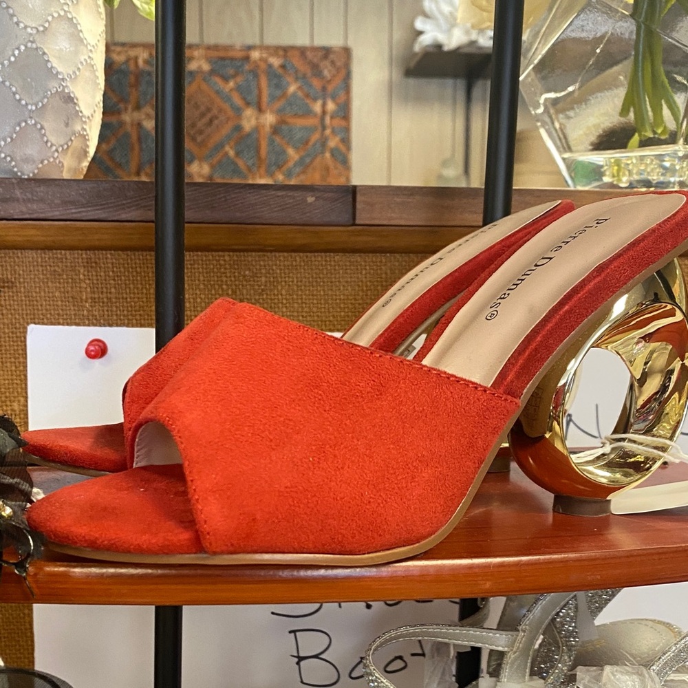Pierre Dumas Red Suede Open-Toe Mules with Sculpted Gold Heel